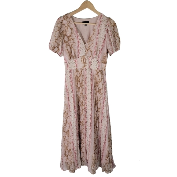 Lucy Paris Printed Pleated Midi Dress Sz XS Puff Sleeve Fit & Flare Flowy Skirt - Picture 1 of 12